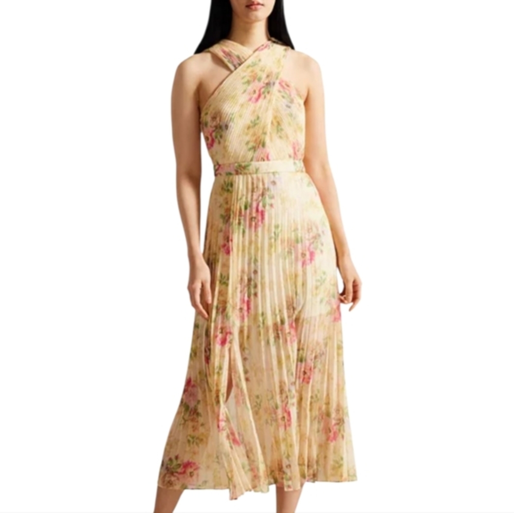 Ted Baker Amerah Light Yellow Pink‎ Cross Front Pleated Midi Dress Size 3 Med 8